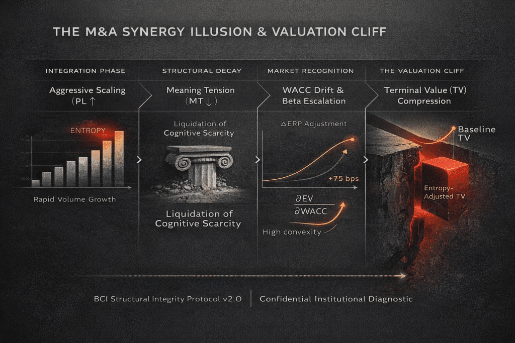 M&A Due Diligence Infographic: The transmission map from brand structural decay and Perceptual Legibility (PL) escalation to WACC expansion and Terminal Value (TV) compression. This chart illustrates why aggressive synergy scaling in Private Equity buyouts leads to the 'Valuation Cliff' and subsequent Goodwill Impairment, demonstrating the convexity of Equity Value relative to a 75bps drift in the discount rate.