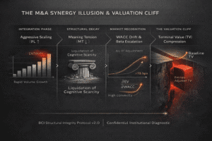 M&A Due Diligence Infographic: The transmission map from brand structural decay and Perceptual Legibility (PL) escalation to WACC expansion and Terminal Value (TV) compression. This chart illustrates why aggressive synergy scaling in Private Equity buyouts leads to the 'Valuation Cliff' and subsequent Goodwill Impairment, demonstrating the convexity of Equity Value relative to a 75bps drift in the discount rate.