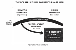 the BCI Structural Dynamics Phase Map — a practical grammar for how intangible assets behave under pressure. The map treats brand, culture, and narrative as a kind of asset physics, with trajectories that are as predictable as capital flows when structure is absent. Without counter‑vailing structure, systems slide along a familiar gradient: ES rises as liquidity and legibility improve, PL trends higher as access friction falls, and MT — meaning tension — is quietly arbitraged away. The natural resting point of that process is the Entropy Sink, where assets trade as undifferentiated commodities. Each axis is parameterized with observable proxies rather than metaphors: semiotic density in the field, SKU dispersion across the shelf, variance in temporal release cadence, and the degree of liquidity compression in secondary markets. These are not aesthetics; they are measurable state variables. In this frame, sovereignty is not a slogan but a kinetic condition. It exists only when a structure can continuously hold an asset at altitude against its own liquidity. TS — temporal structure — is the relevant form of structural armor. It is the only mechanism we repeatedly see that both dampens ES acceleration and preserves high‑altitude pricing power while the system remains highly legible. Across longitudinal panels, accelerated ES drift reliably shows up as a leading indicator: it often appears several quarters before visible gross‑margin compression, long before the P&L tells the story. BCI therefore defines structural sovereignty as the ability to sustain elevated MT under rising PL without triggering ES acceleration. In other words, to increase visibility without quietly selling off the tension that justifies premium economics. Capital is quite efficient at pricing visibility. What markets rarely price correctly is structural tension — the architecture that keeps an asset sovereign instead of letting it sink into industrial clutter.
