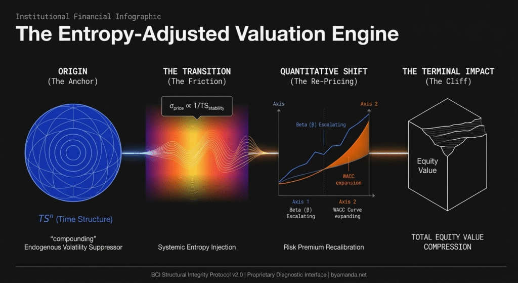 A financial infographic mapping the BCI Structural Integrity Protocol v2.0 financial transmission mechanism. It illustrates how the degradation of endogenous volatility suppressors—specifically the Time Structure ($TS^n$)—leads to a causal chain resulting in terminal value compression. The four-stage process shows: 1. The Origin of Time Structure as an endogenous volatility dampener; 2. The Transition through Systemic Entropy Injection, modeled by the relationship $\sigma_{price} \propto 1/TS_{stability}$; 3. The Quantitative Shift where Beta ($\beta$) escalates and WACC (Weighted Average Cost of Capital) drifts upward; and 4. The Terminal Impact, showing high-convexity compression of the Total Equity Value multiple. The infographic concludes that capital mispricing happens at underwriting due to unmodeled structural entropy detected long before a Goodwill Impairment trigger. Footered for byamanda.net.
