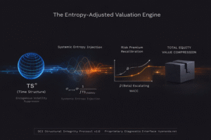 A financial infographic mapping the BCI Structural Integrity Protocol v2.0 financial transmission mechanism. It illustrates how the degradation of endogenous volatility suppressors—specifically the Time Structure (TS^n)—leads to a causal chain resulting in terminal value compression. The four-stage process shows: 1. The Origin of Time Structure as an endogenous volatility dampener; 2. The Transition through Systemic Entropy Injection, modeled by the relationship σ_{price}∝ 1/TS_{stability}; 3. The Quantitative Shift where Beta (β) escalates and WACC (Weighted Average Cost of Capital) drifts upward; and 4. The Terminal Impact, showing high-convexity compression of the Total Equity Value multiple. The infographic concludes that capital mispricing happens at underwriting due to unmodeled structural entropy detected long before a Goodwill Impairment trigger. Footered for byamanda.net.