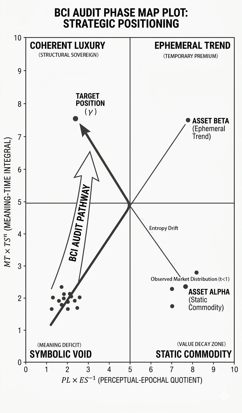 A formal Audit Diagnostics phase map plot for BCI assessment. It maps audited assets on axes defined by integrated products: MT * TS^n (Meaning-Time Integral) and PL * ES^-1 (Perceptual-Epochal Quotient). The map defines precise boundaries and thresholds for "Coherent Luxury," "Ephemeral Trend," "Static Commodity," and "Symbolic Void." It visualizes statistical gap analysis, risk allocation, and covenant compliance thresholds for objective diagnostic auditing.
