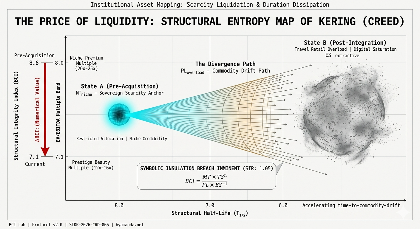 An institutional structural integrity diagnostic mapping Kering's management of Creed (SIDR-2026-CRD-005). The visualization models the 'Liquidation of Scarcity' canonical mechanism. A pre-acquisition 'Sovereignty Scarcity Anchor' (BCI 8.6) transitions via commodity drift (PL overload) to a post-integration 'Scarcity Liquidation Zone' (BCI 7.1) .The map explicitly quantifies a \Delta BCI of -1.5 (high velocity dissipation). It correlates this structural decay directly to the asset's 'Half-Life' (T_{1/2}) and provides 'Valuation Mapping' that shows the corresponding compression of EV/EBITDA multiples from a Niche Premium band to a generic Prestige Beauty band. The final conclusion indicates imminent symbolic insulation breach, with SIR at 1.05. Footered for BCI Lab byamanda.net