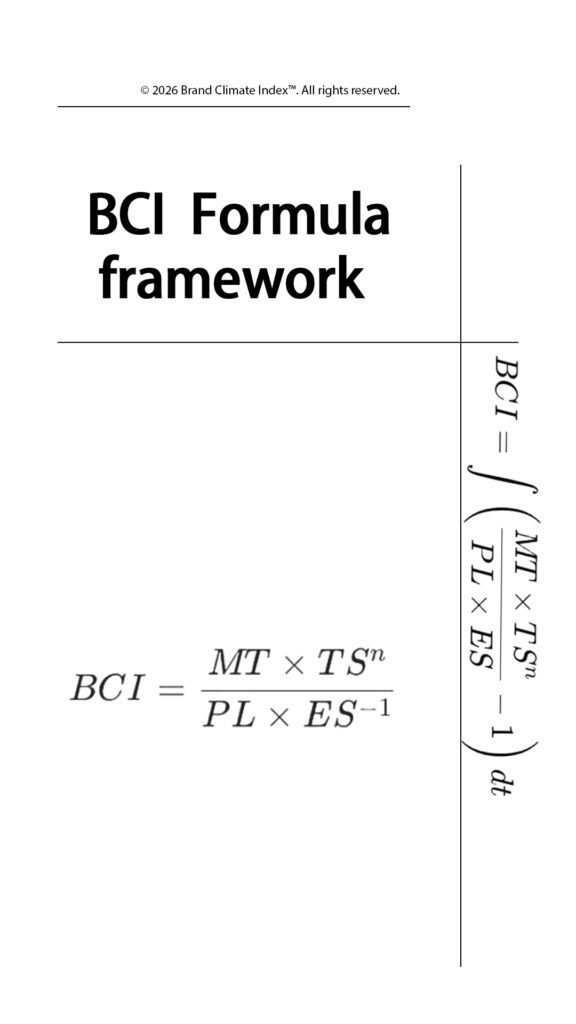 A technical wireframe topology diagram illustrating the BCI (Brand Coherence Index) Logic Architecture. The chart centers on the structural equation BCI = (MT * TS^n) / (PL * ES^-1) rendered in LaTeX, defining variables: MT (Meaning Tension), PL (Perceptual Legibility), TS (Temporal Stasis), and ES (Epochal Significance). This complexity mesh visualizes dynamic parameter alignment, system logic flow vectors, and complexity theory axioms for structured asset auditing and institutional valuation.