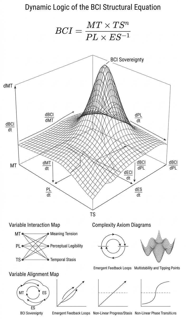 A technical wireframe topology diagram illustrating the BCI (Brand Coherence Index) Logic Architecture. The chart centers on the structural equation BCI = (MT * TS^n) / (PL * ES^-1) rendered in LaTeX, defining variables: MT (Meaning Tension), PL (Perceptual Legibility), TS (Temporal Stasis), and ES (Epochal Significance). This complexity mesh visualizes dynamic parameter alignment, system logic flow vectors, and complexity theory axioms for structured asset auditing and institutional valuation.