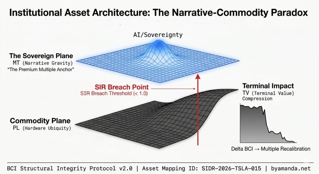BCI Lab institutional diagnostic chart mapping Tesla's structural risk. The visualization models the conflict between high-tension Narrative Gravity (MT) and rising Hardware Ubiquity (PL). It identifies the 'Sovereignty Breach Threshold' where the Symbolic Insulation Ratio (SIR) drops to 0.65, signaling that the asset's visual scarcity is neutralized. This structural entropy leads to a causal chain of WACC drift and Terminal Value (TV) compression. The chart proves that unless a 'Structural Pivot' to AI-sovereignty is realized before the BDI expiry, the current growth multiple faces a high-convexity recalibration toward industrial-benchmark levels