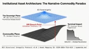 BCI Lab institutional diagnostic chart mapping Tesla's structural risk. The visualization models the conflict between high-tension Narrative Gravity (MT) and rising Hardware Ubiquity (PL). It identifies the 'Sovereignty Breach Threshold' where the Symbolic Insulation Ratio (SIR) drops to 0.65, signaling that the asset's visual scarcity is neutralized. This structural entropy leads to a causal chain of WACC drift and Terminal Value (TV) compression. The chart proves that unless a 'Structural Pivot' to AI-sovereignty is realized before the BDI expiry, the current growth multiple faces a high-convexity recalibration toward industrial-benchmark levels