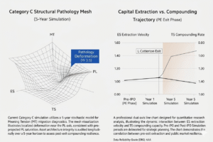 BIRK BCI Structural Mapping Mesh: A 5-year longitudinal simulation of Birkenstock demonstrating high TS axis rigidity and a projected structural deformation near the PL axis, indicating potential post-PE extraction exhaustion.  Longitudinal Trajectory Chart of Birkenstock (BIRK): Visualizing the inverse correlation between peak Energy State (ES) extraction velocity during the private equity exit phase and the subsequent pressure on Time Structure (TS) compounding capacity in public markets. 