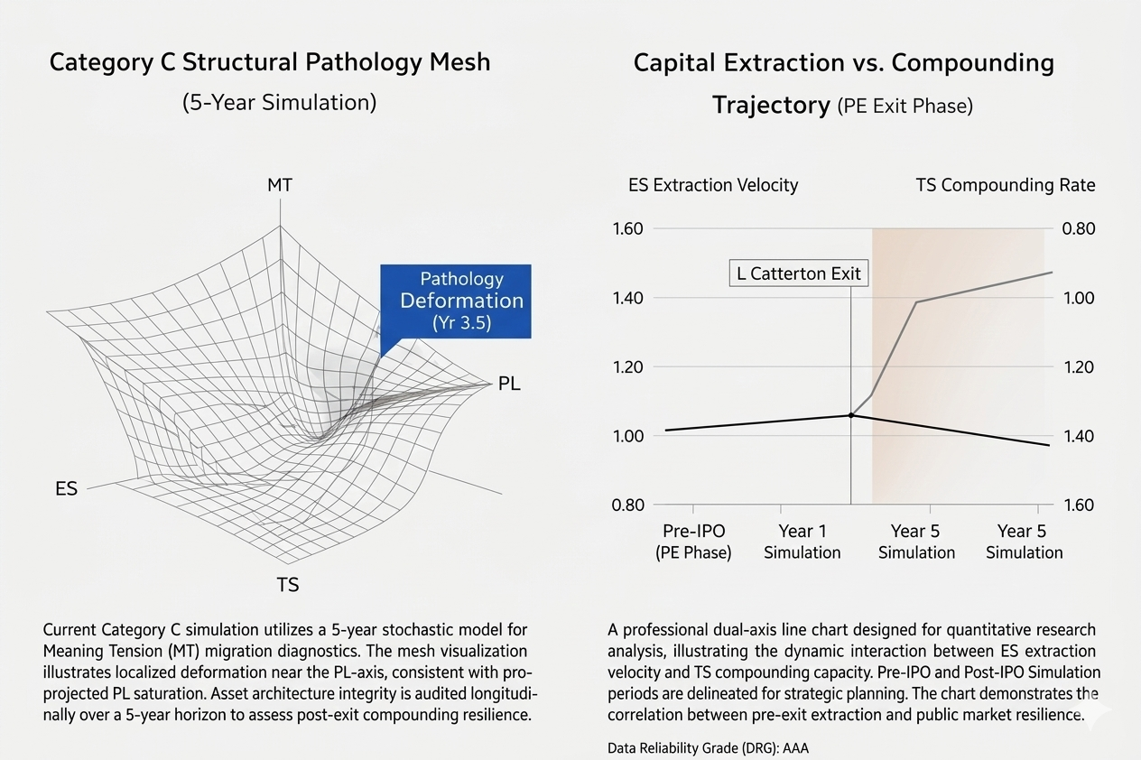 BIRK BCI Structural Mapping Mesh: A 5-year longitudinal simulation of Birkenstock demonstrating high TS axis rigidity and a projected structural deformation near the PL axis, indicating potential post-PE extraction exhaustion.  Longitudinal Trajectory Chart of Birkenstock (BIRK): Visualizing the inverse correlation between peak Energy State (ES) extraction velocity during the private equity exit phase and the subsequent pressure on Time Structure (TS) compounding capacity in public markets. 