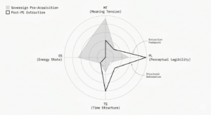 BCI Lab Institutional Radar Chart: Structural Attribution Audit of L Catterton PE Extraction Model. The visualization maps the 'Sovereign Pre-Acquisition' state vs 'Post-PE Extraction' state, quantifying the structural deformation of intangible assets. Key metrics show a 65% contraction in Meaning Tension (MT) and systemic depletion of Time Structure (TS), contrasted by a terminal expansion in Perceptual Legibility (PL), illustrating the trade-off between short-term capital velocity and long-term asset integrity