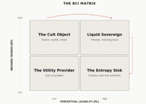 the BCI Structural Dynamics Phase Map — a practical grammar for how intangible assets behave under pressure. The map treats brand, culture, and narrative as a kind of asset physics, with trajectories that are as predictable as capital flows when structure is absent. Without counter‑vailing structure, systems slide along a familiar gradient: ES rises as liquidity and legibility improve, PL trends higher as access friction falls, and MT — meaning tension — is quietly arbitraged away. The natural resting point of that process is the Entropy Sink, where assets trade as undifferentiated commodities. Each axis is parameterized with observable proxies rather than metaphors: semiotic density in the field, SKU dispersion across the shelf, variance in temporal release cadence, and the degree of liquidity compression in secondary markets. These are not aesthetics; they are measurable state variables. In this frame, sovereignty is not a slogan but a kinetic condition. It exists only when a structure can continuously hold an asset at altitude against its own liquidity. TS — temporal structure — is the relevant form of structural armor. It is the only mechanism we repeatedly see that both dampens ES acceleration and preserves high‑altitude pricing power while the system remains highly legible. Across longitudinal panels, accelerated ES drift reliably shows up as a leading indicator: it often appears several quarters before visible gross‑margin compression, long before the P&L tells the story. BCI therefore defines structural sovereignty as the ability to sustain elevated MT under rising PL without triggering ES acceleration. In other words, to increase visibility without quietly selling off the tension that justifies premium economics. Capital is quite efficient at pricing visibility. What markets rarely price correctly is structural tension — the architecture that keeps an asset sovereign instead of letting it sink into industrial clutter.